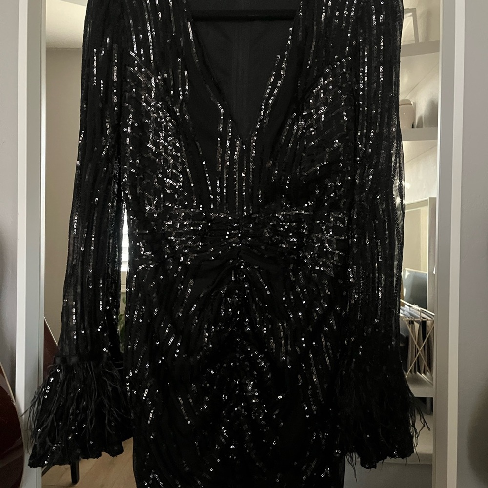 Windsor Black Sequin Dress with Feathered Sleeves